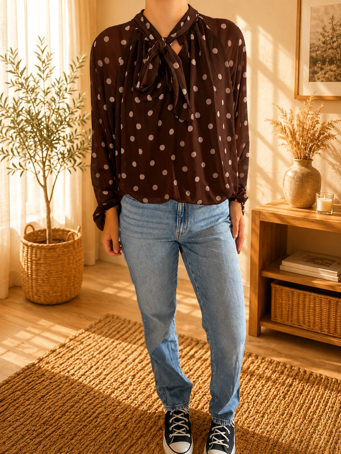 Blouse marron à pois
