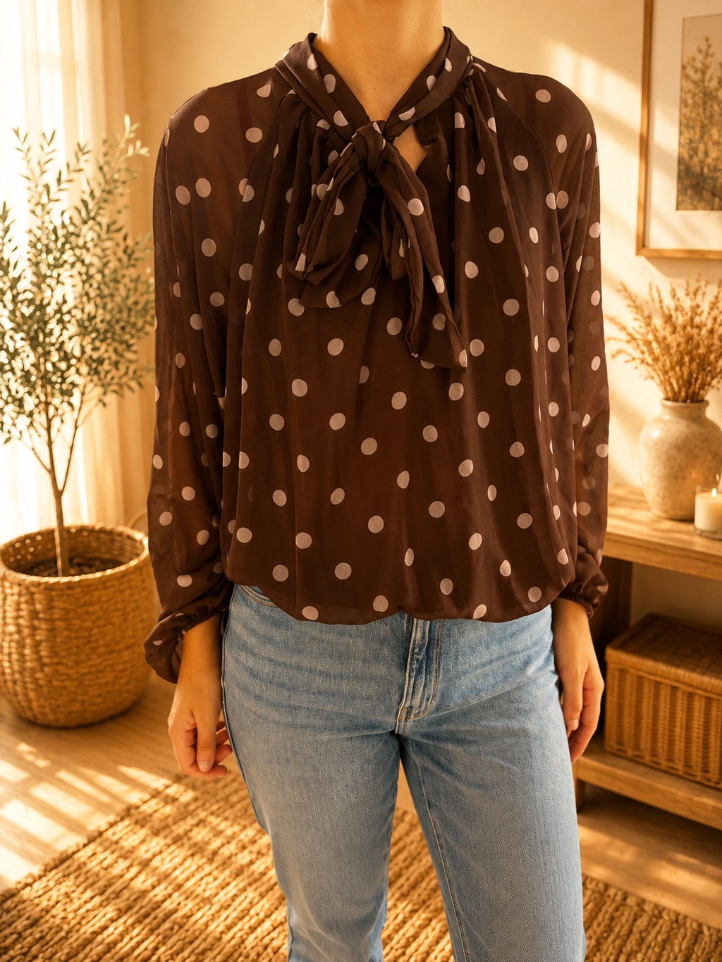 Blouse marron à pois