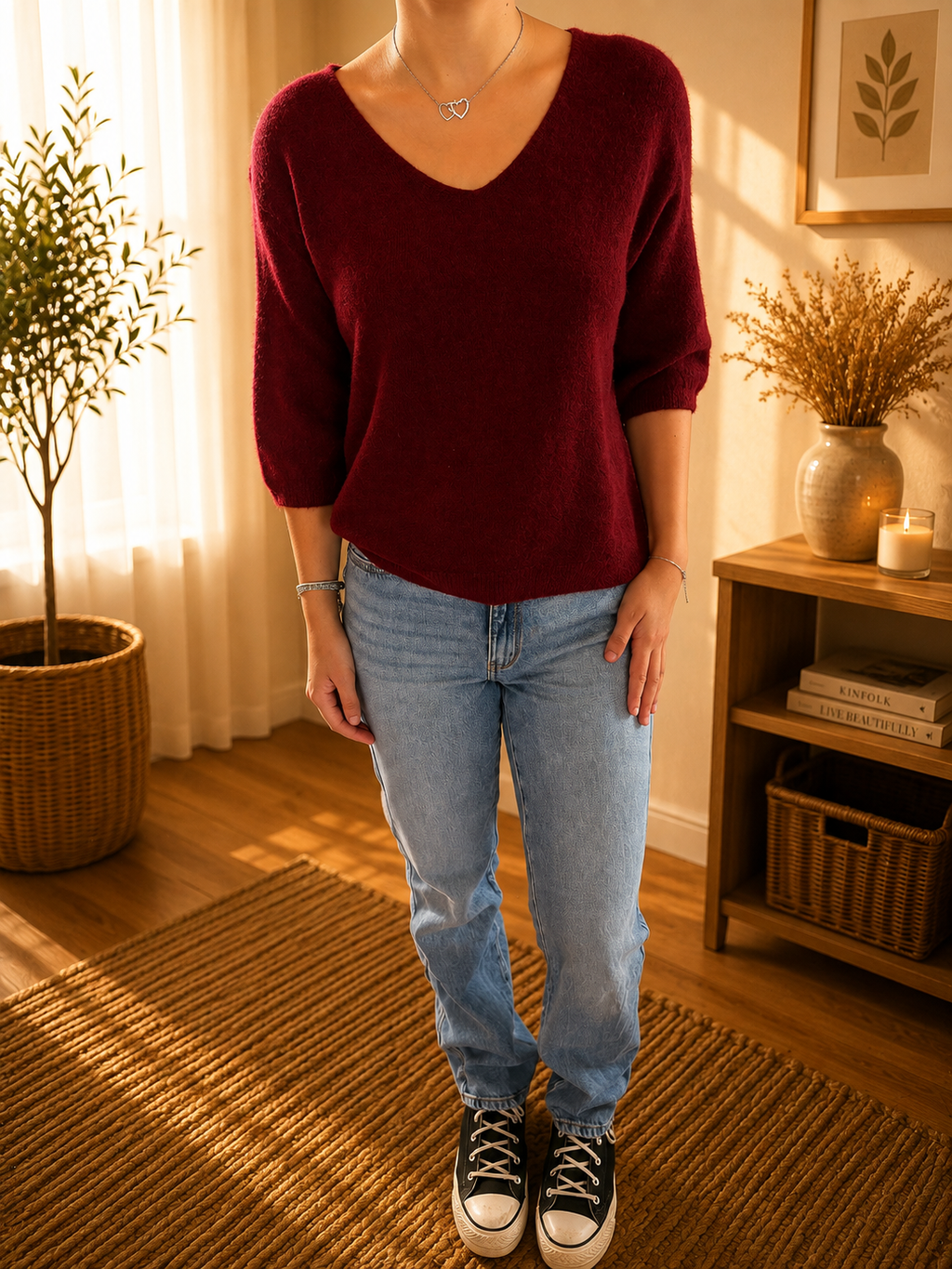 Pull bordeaux à col V